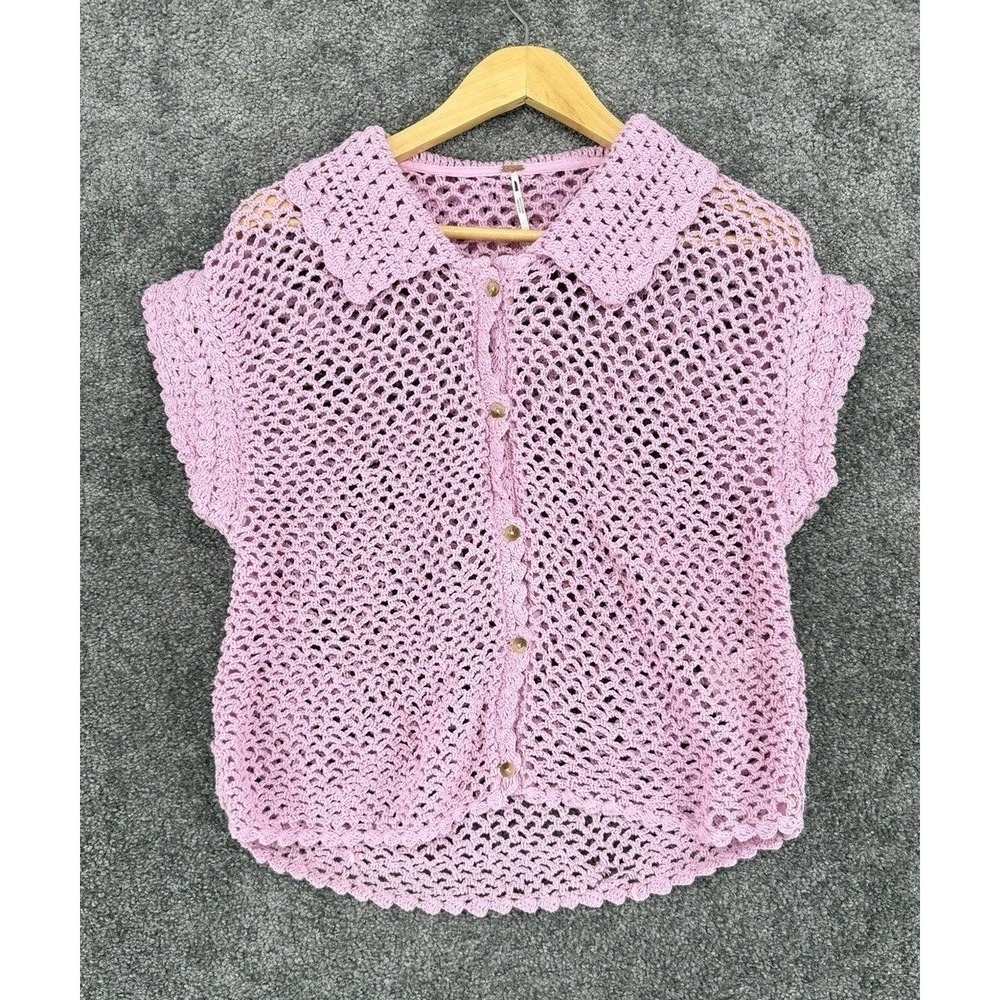 Free People Lily Crochet Retro Knit Top Cardigan Shirt Sweater Lavender NWOT XS